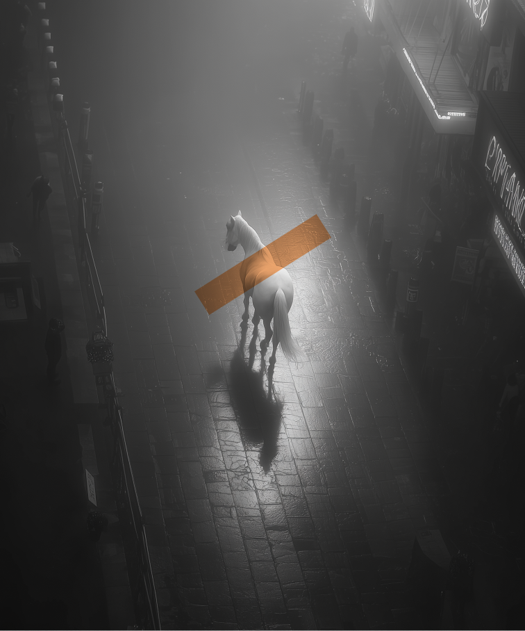 A horse illuminated in a cinematic urban scene